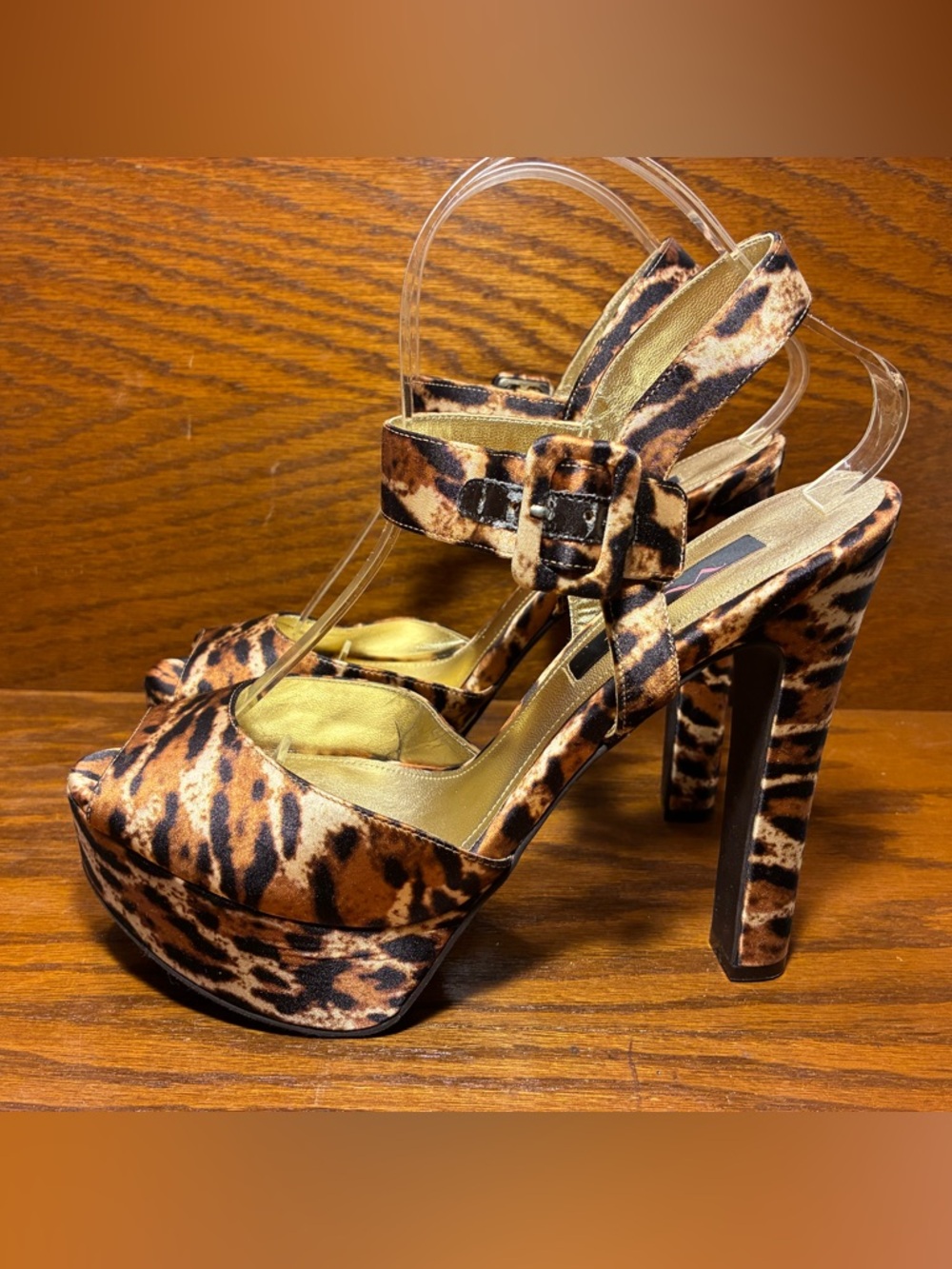 Nina Leopard Print Satin Ankle Strap Platform Open Toe Heels Tan Brown Size 9.5